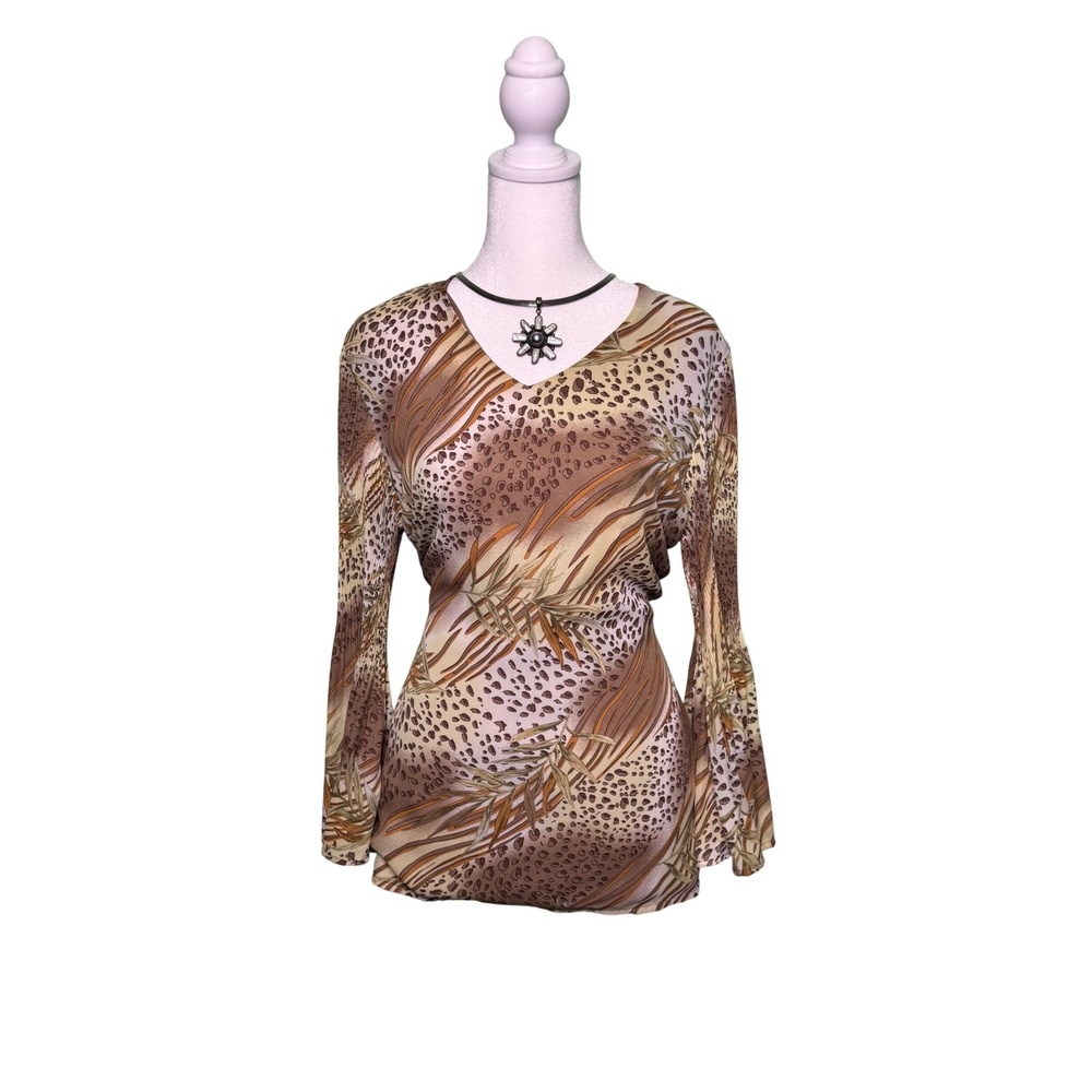 Vintage Y2K 90s Bell Sleeve Textured Animal Print Top Magic Women's Size S Boho